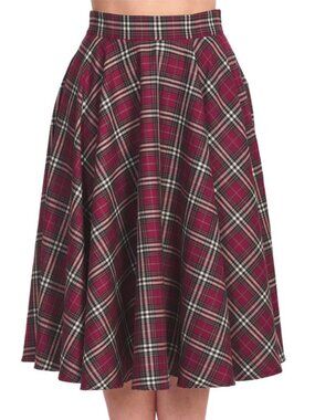 Banned Retro Winter Check Swing Skirt Red Plaid Tartan A-Line Midi Size L